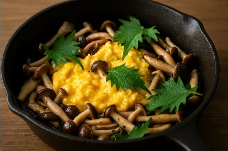 野蕈熱鍋半熟土雞蛋與紫蘇葉炒蛋｜香氣層次豐富的創意家常料理